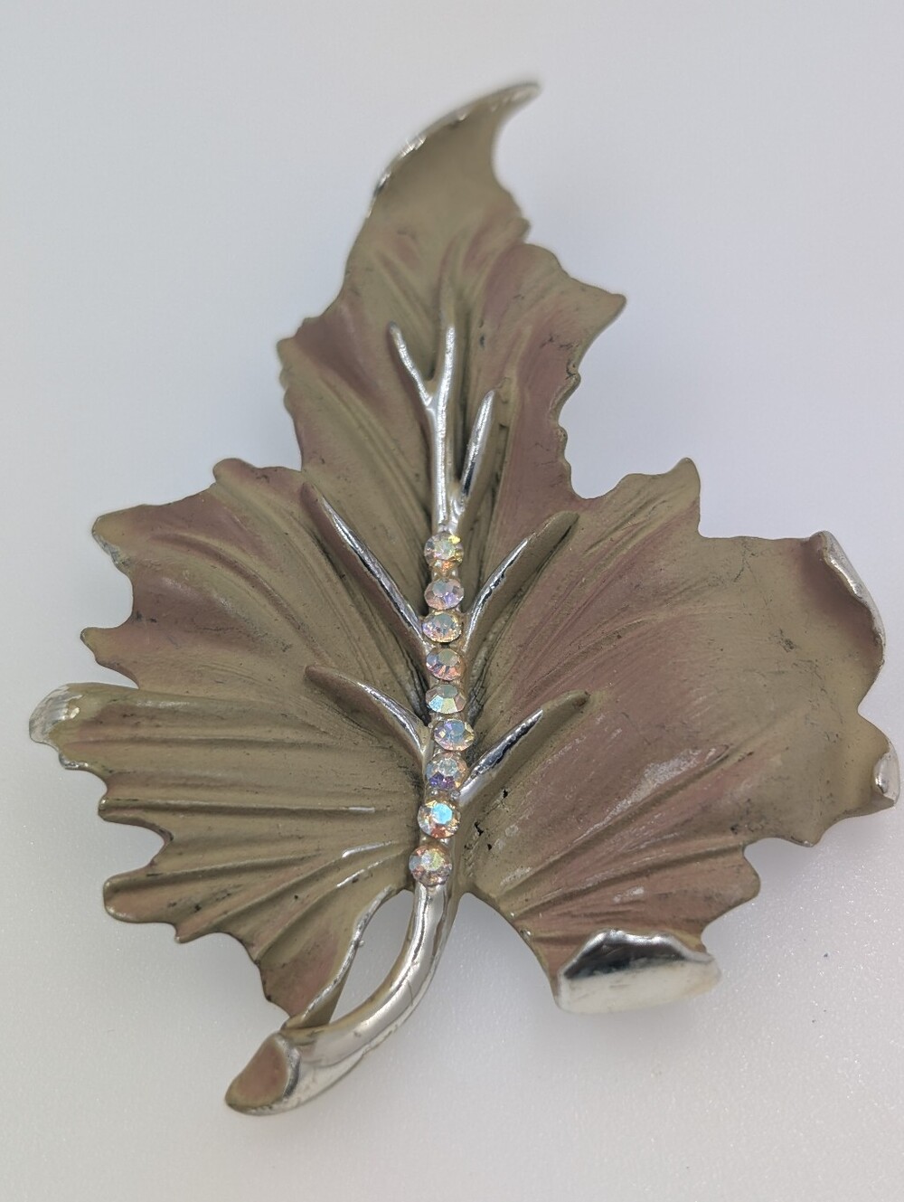 Vintage BSK Enamel Leaf Brooch | Elegant Gold Tone & Rhinestone Accent | C301